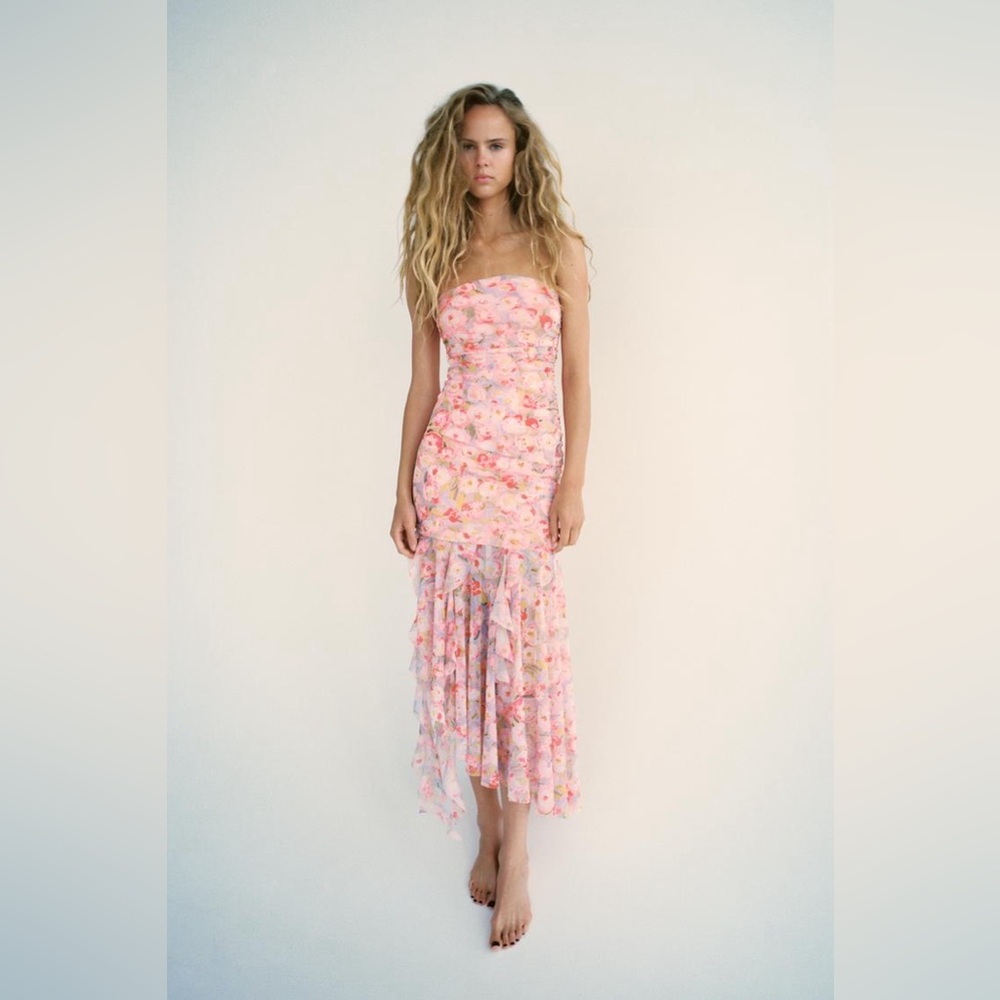 NWT ZARA PRINTED TULLE BANDEAU DRESS